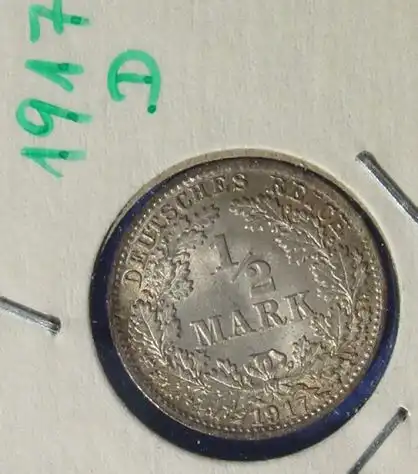 (1043020) Deutsches Reich. Silbermuenze. Halbe Reichsmark 1917-D (sehr guter Zustand !), Jaeger-Nr. 16
