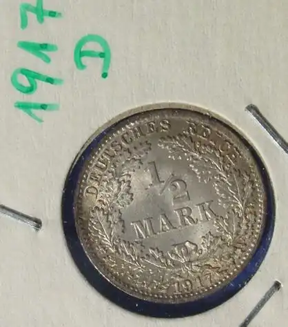 () Deutsches Reich. Silbermuenze. Halbe Reichsmark 1917-D (sehr guter Zustand !), Jaeger-Nr. 16