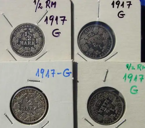 () Deutsches Reich. 4 Silbermuenzen. Halbe Reichsmark 1917-G, geschwaerzt ! Jaeger-Nr. 16