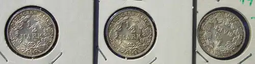 () Deutsches Reich. 3 Silbermuenzen. Halbe Reichsmark 1918-D (sehr gut erhalten), Jaeger-Nr. 16