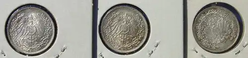 (1043030) Deutsches Reich. 3 Silbermuenzen. Halbe Reichsmark 1918-D (sehr gut erhalten), Jaeger-Nr. 16