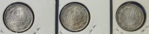 () Deutsches Reich. 3 Silbermuenzen. Halbe Reichsmark 1918-D (sehr gut erhalten), Jaeger-Nr. 16