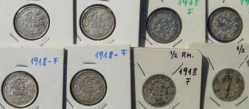 (1043033) Deutsches Reich. 8 Silbermuenzen. Halbe Reichsmark 1918-F, Jaeger-Nr. 16