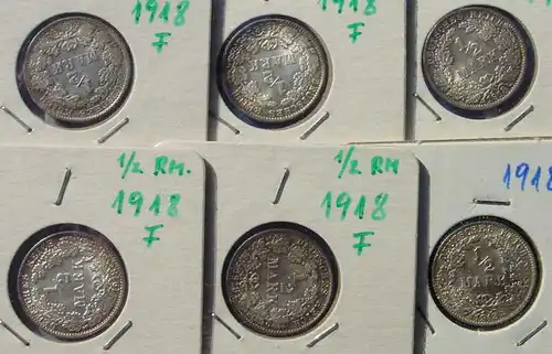 () Deutsches Reich. 6 Silbermuenzen. Halbe Reichsmark 1918-F (sehr guter Zustand), Jaeger-Nr. 16