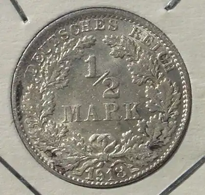 (1043037) Deutsches Reich. Silbermuenze. Halbe Reichsmark 1918-F (Variante !), Jaeger-Nr. 16