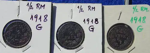 (1043039) Deutsches Reich. 3 Silbermuenzen. Halbe Reichsmark 1918-G, geschwaerzt ! Jaeger-Nr. 16