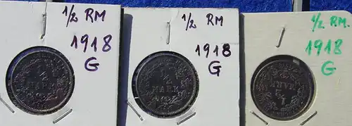 () Deutsches Reich. 3 Silbermuenzen. Halbe Reichsmark 1918-G, geschwaerzt ! Jaeger-Nr. 16