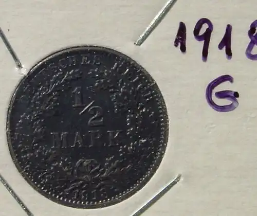 () Deutsches Reich. Silbermuenze. Halbe Reichsmark 1918-G, geschwaerzt ! TOP Zustand. Jaeger-Nr. 16