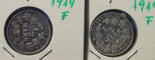 () Deutsches Reich. 2 Silbermuenzen. Halbe Reichsmark 1919-F, guter Zustand, Jaeger-Nr. 16