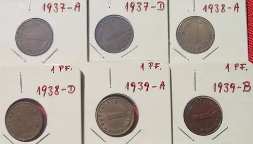 (1043987) 9 x Deutsches Reich. 1 Reichspfennig 1937-1940. Drittes Reich. J.361