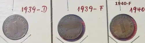 () 9 x Deutsches Reich. 1 Reichspfennig 1937-1940. Drittes Reich. J.361