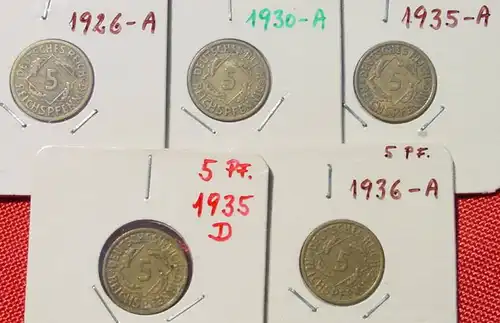 () 13 x Deutsches Reich. 5 Reichspfennig 1924-1936. Weimarer Republik. J.316