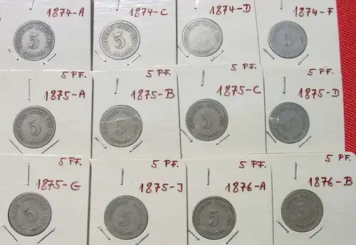 () 24 x Deutsches Reich. 5 Reichspfennig 1874-1889. Kaiserreich. J.3