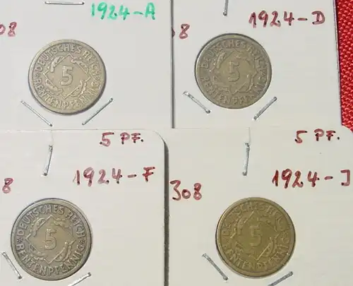 (1044031) 4 x Deutsches Reich. 5 Rentenpfennig 1924-A-D-F-J. Weimarer Republik. J.308