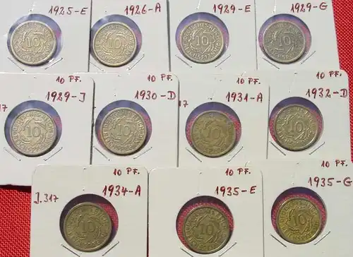 () 11 x Deutsches Reich. 10 Reichspfennig 1925-1935. Weimarer Republik. J.317