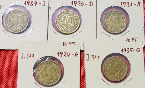 () 5 x Deutsches Reich. 10 Reichspfennig 1929-1935. Weimarer Republik. J.317