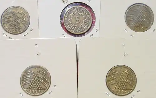 () 5 x Deutsches Reich. 5 Rentenpfennig 1923-1924. Weimarer Republik. J.308