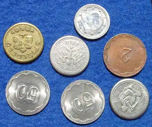 (1044142) Muenzen. 7 x Spielgeld, vermutlich Deutschland um 1970 ? Alle aus Metall, ca. 12 - 17 mm