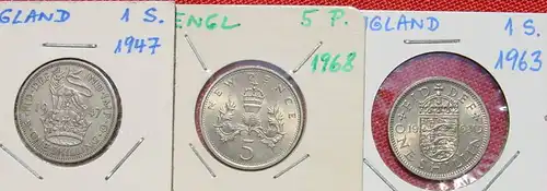 (1044152) England. 3 gut erhaltene Muenzen. 1 Sh. 1947, 1963, 5 Pence 1968