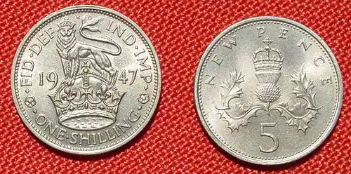 () England. 2 sehr gut erhaltene Muenzen. 1 Sh. 1947, 5 Pence 1968