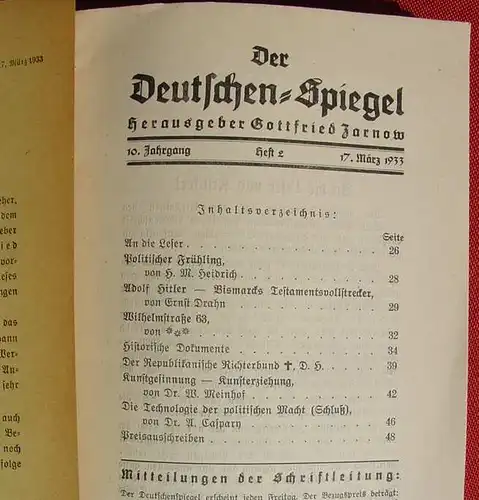 (1012392) "Der Deutschenspiegel". 1933. Politische Wochenschrift. Hg. G. Zarnow, Berlin
