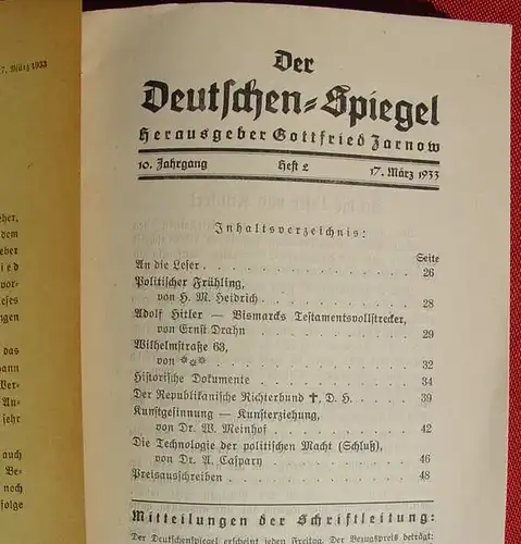 () "Der Deutschenspiegel". 1933. Politische Wochenschrift. Hg. G. Zarnow, Berlin