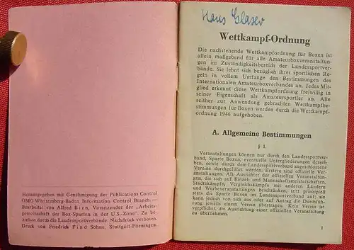 () "Wettkampf-Ordnung 1946 fuer Boxen". 24 S., Box-Sparten in der U.S.-Zone. Druck Fr. Find Soehne Stuttgart