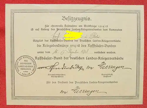 (2001192) Besitzzeugnis. "Kriegsdenkmuenze 1914/18 des Kyffhaeuser-Bundes" von 1923