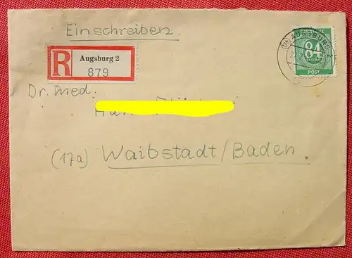 () Einschreibebrief Deutsche Post 84 Pfennig. Ausgburg. Brief mit Inhalt