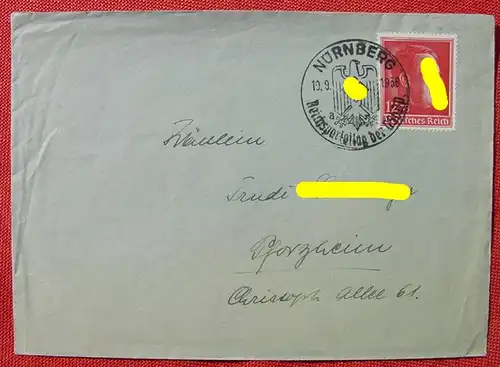 (1045049) Briefkuvert mit A.H. Sondermarke. Stempel Nuernberg Reichsparteitag 1938