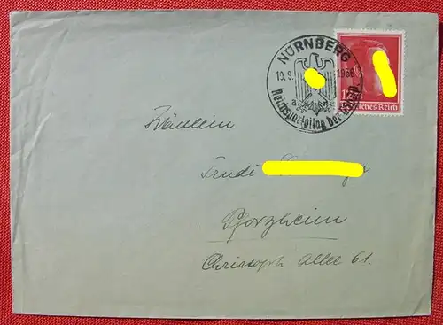 () Briefkuvert mit A.H. Sondermarke. Stempel Nuernberg Reichsparteitag 1938