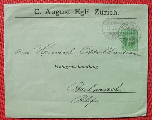 (1045058) Briefkuvert mit bedrucktem Wert 5 Franco. Zuerich 1907. Rueckseite leere. Gebrauchsspuren # Ganzsache