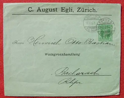 () Briefkuvert mit bedrucktem Wert 5 Franco. Zuerich 1907. Rueckseite leere. Gebrauchsspuren # Ganzsache