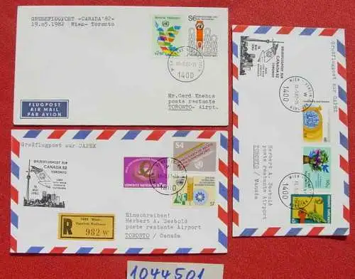 ! Neu : Versandkosten ab Euro 2,20 () Grossflugpost CAPEX Toronto Canada 1982, neun Briefe, Vereinte Nationen. Wien  Zum Teil Einschreiben. Alle mit Ankunftstempel auf Rueckseite # Luftpost # Flugpost # Wien-Zuerich-Kanada