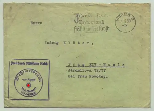 () Feldpostbrief-Kuvert vom 1. 11. 1939 mit Stempeln von WORMS. PLZ-Bereich pauschal 67550