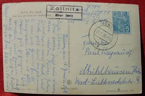 (1039206) Kahla Saale Leuchtenburg. Posthilfestempel Zoellnitz ueber Jena. 1959