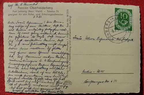(1039213) Pension Oberhaiderberg. Lohberg. Bayrischer Wald. Ansichtskarte 1953