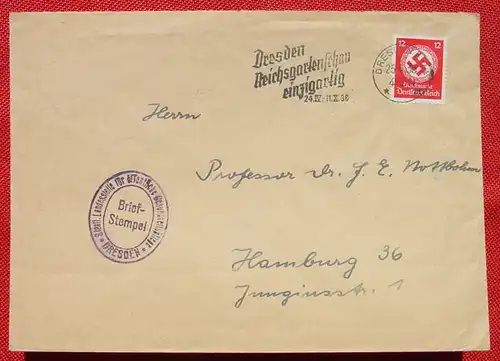 (1045755) Briefkuvert Dienstmarke Dresden 1936 Briefstempel Gesundheitspflege  Format ca. 17,5 x 12,5 cm. Mit klarem Werbestempel : Dresden Reichsgartenschau einzigartig 24. 4. bis 11. 10. 1936. Versandkosten innerhalb Deutschland ab Euro 2,00   