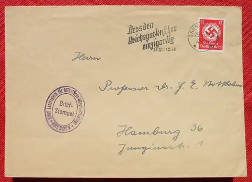 () Briefkuvert Dienstmarke Dresden 1936 Briefstempel Gesundheitspflege  Format ca. 17,5 x 12,5 cm. Mit klarem Werbestempel : Dresden Reichsgartenschau einzigartig 24. 4. bis 11. 10. 1936. Versandkosten innerhalb Deutschland ab Euro 2,00   