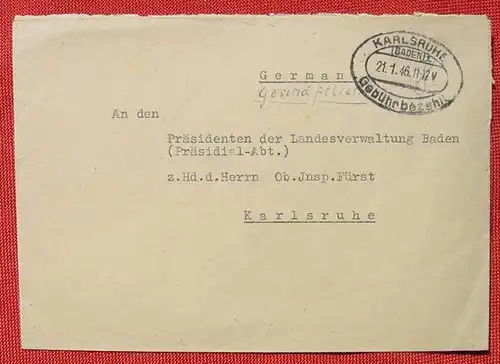 (1043618) Beleg : Gebuehr bezahlt, Karlsruhe 21. 1. 1946  Versandkosten innerhalb Deutschland ab Euro 1,00