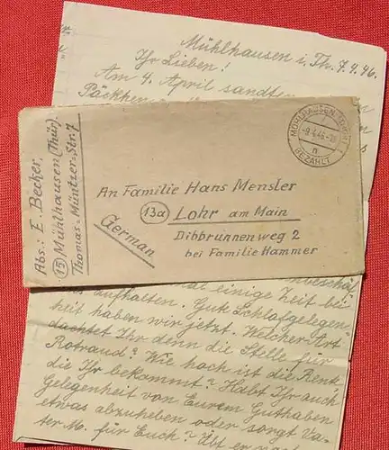 (1043619) Beleg : Gebuehr bezahlt, Muehlhausen, Thueringen 9. 4. 1946. Brief mit Korrespondenz