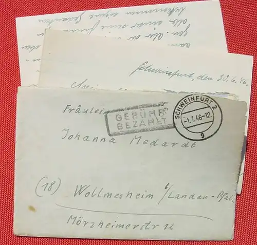 (1043624) Gebuehr bezahlt. Schweinfurt 1. 7. 1946, Brief mit mehrseitiger Korrespondenz
