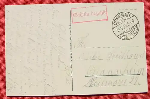 () Postkarte. Gebuehr bezahlt. Oppenau, Renchtal 13. 9. 1923