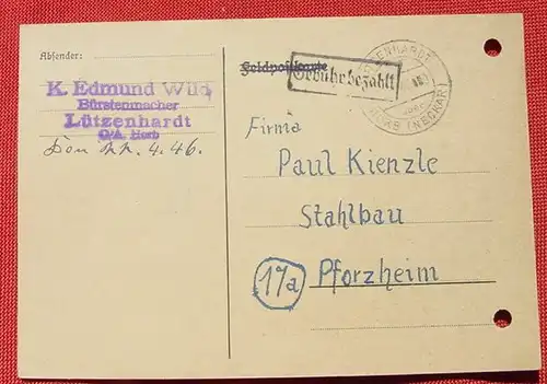 (1043631) Gebuehr bezahlt. Luetzenhardt, Horb am Neckar 1946, gelochte Postkarte