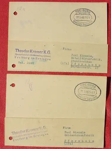 (1043641) 2 x Belege : Gebuehr bezahlt, Freiburg, Breisgau 1946, beide gelocht # PLZ 79098 pauschal