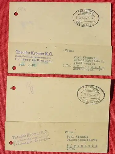 () 2 x Belege : Gebuehr bezahlt, Freiburg, Breisgau 1946, beide gelocht # PLZ 79098 pauschal