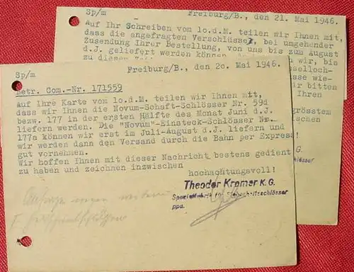 (1043641) 2 x Belege : Gebuehr bezahlt, Freiburg, Breisgau 1946, beide gelocht # PLZ 79098 pauschal