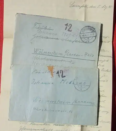 (1043643) 2 x Gebuehr bezahlt Briefe, Schweinfurt 1945. Schwache rote Stempel. Briefe mit Korrespondenz # PLZ 97421 pauschal