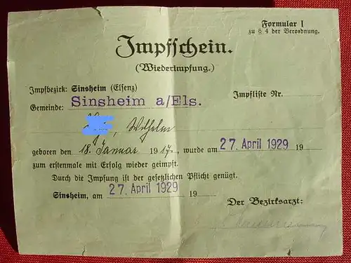 (1011794) "Impfschein" des Impfbezirks Sinsheim (Elsenz) 1929. Druck Sinsheimer Tagblatt