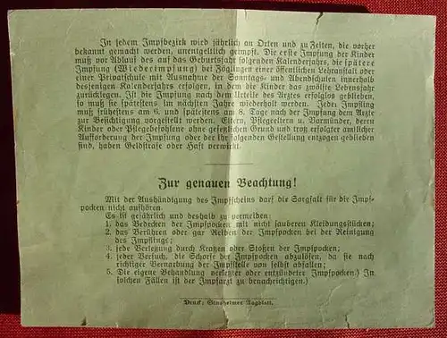 () "Impfschein" des Impfbezirks Sinsheim (Elsenz) 1929. Druck Sinsheimer Tagblatt